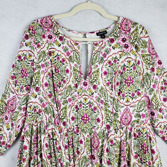 Torrid Women's 1X Keyhole Challis Skater Dress Pink Green Micto Floral New - Picture 2 of 11